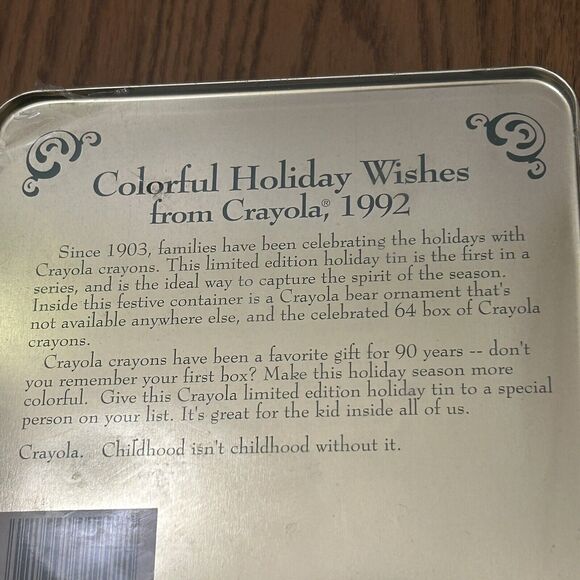 Vintage 1992 Crayola 64 Crayon Collectors Tin Box Christmas Bear Ornament Sealed - Picture 4 of 7